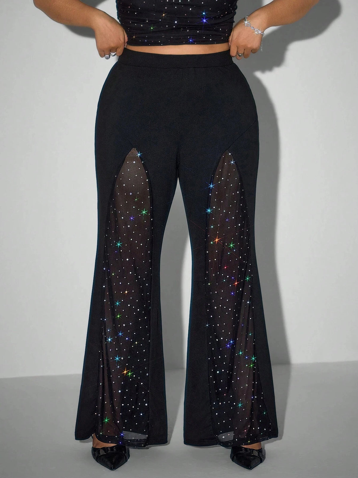 Womens Mesh Rhinestone Flare Pants See Through Party Trousers