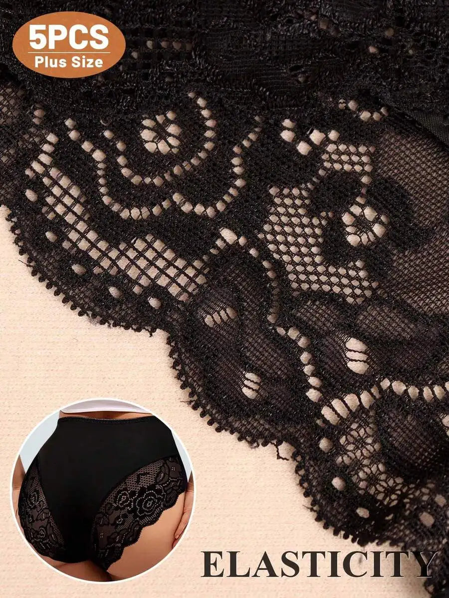 Womens Mid High Waist Lace Trim Jacquard Briefs Panties
