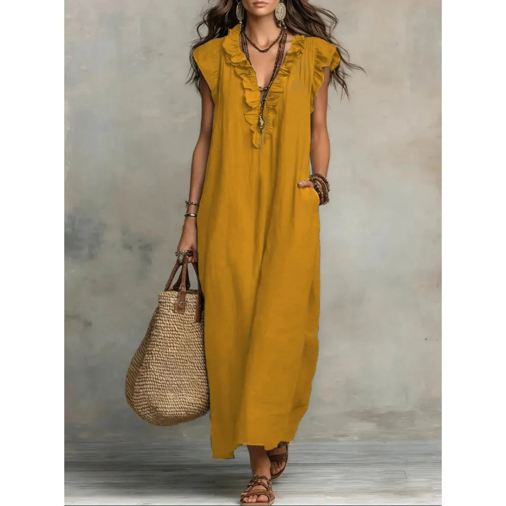 Bohemian Linen Maxi Dress With Ruffle V Neck Pockets