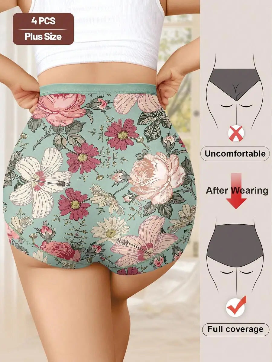 Women Cotton Panties Seamless Breathable Mid Waist Flower Print