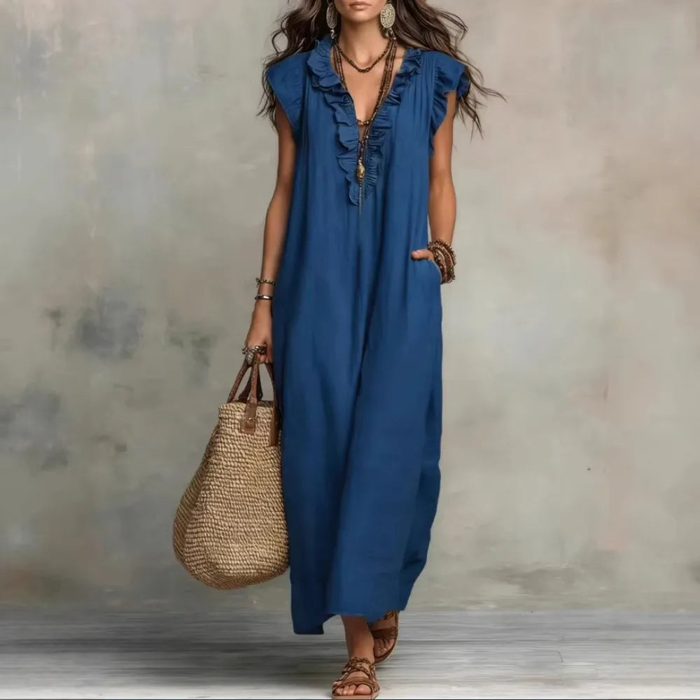 Bohemian Linen Maxi Dress With Ruffle V Neck Pockets