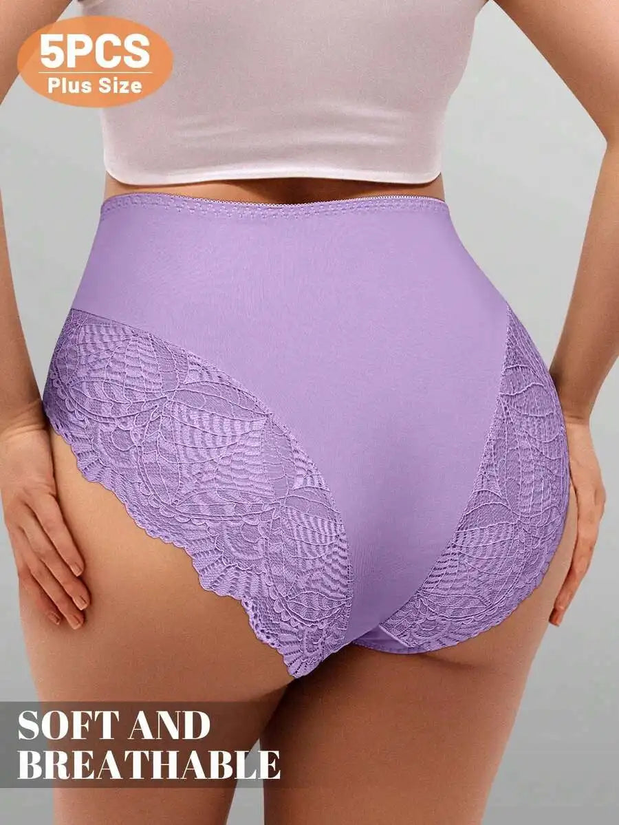 Womens Mid High Waist Lace Trim Jacquard Briefs Panties