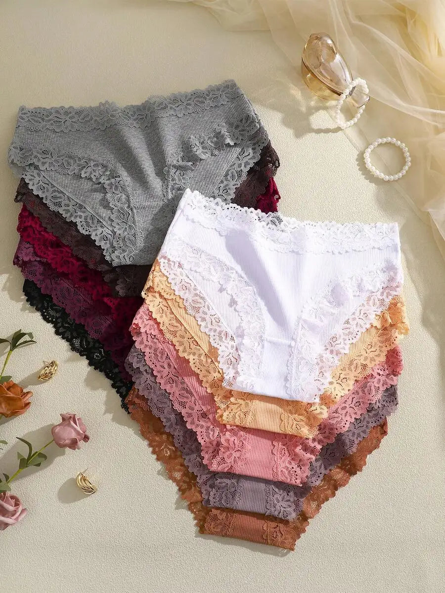 Womens Cotton Ribbed Lace Panel Briefs Low Rise Comfort Fit