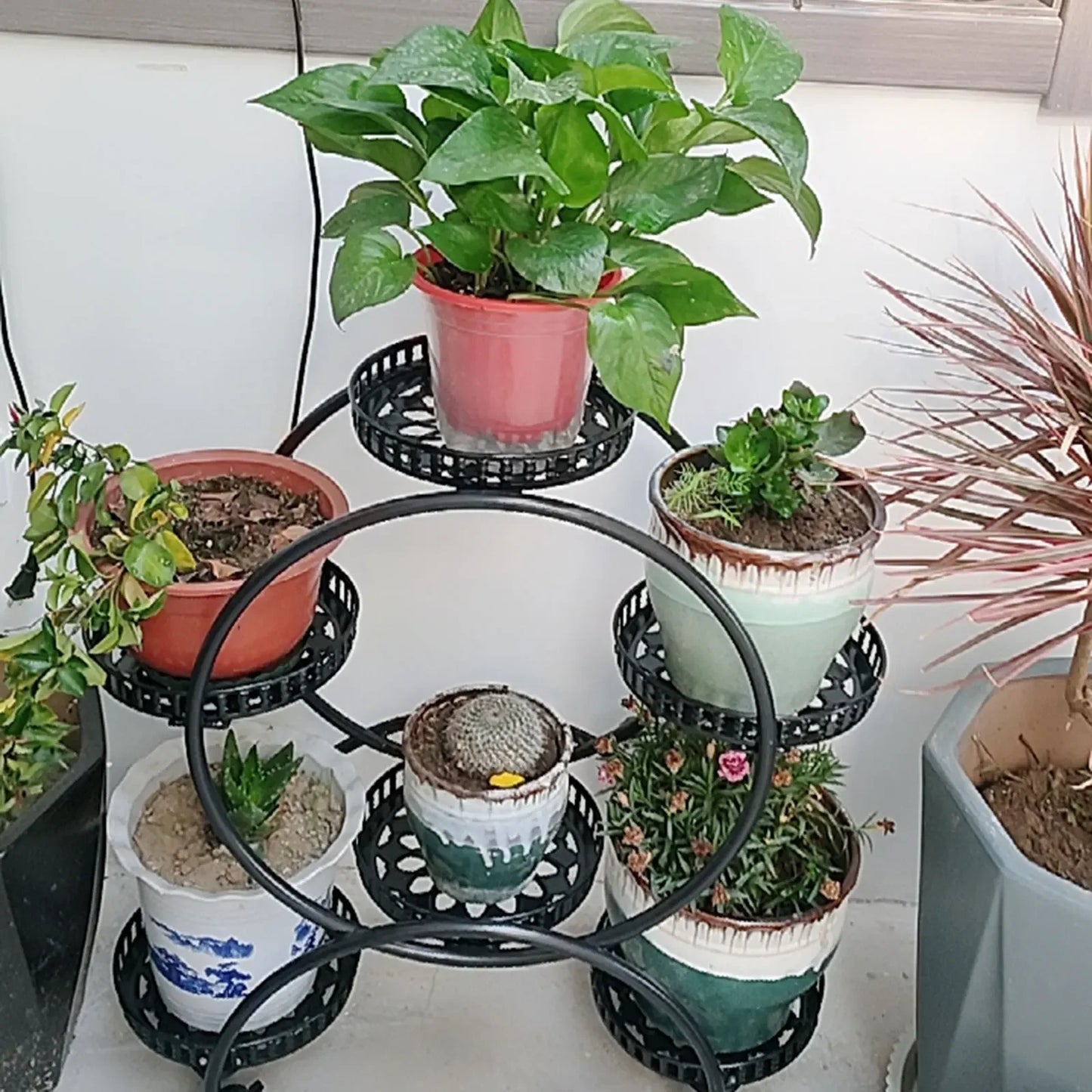Metal Plant Stand With Six Pots For Patio Living Space
