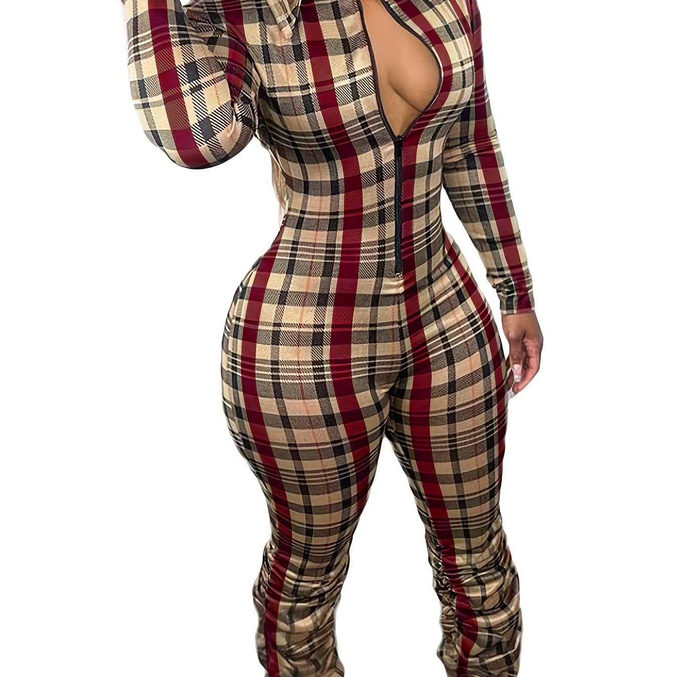 Cozy Plaid Pattern Long Sleeve Zip Front Jumpsuit for Women