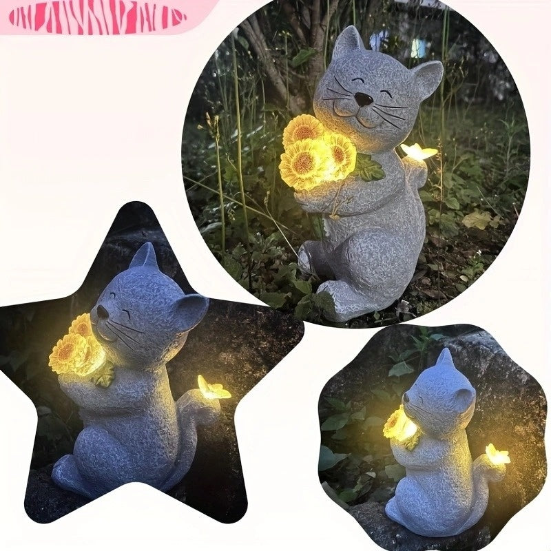 Solar Garden Outdoor Figurines Resin Sunflower Cat Statues
