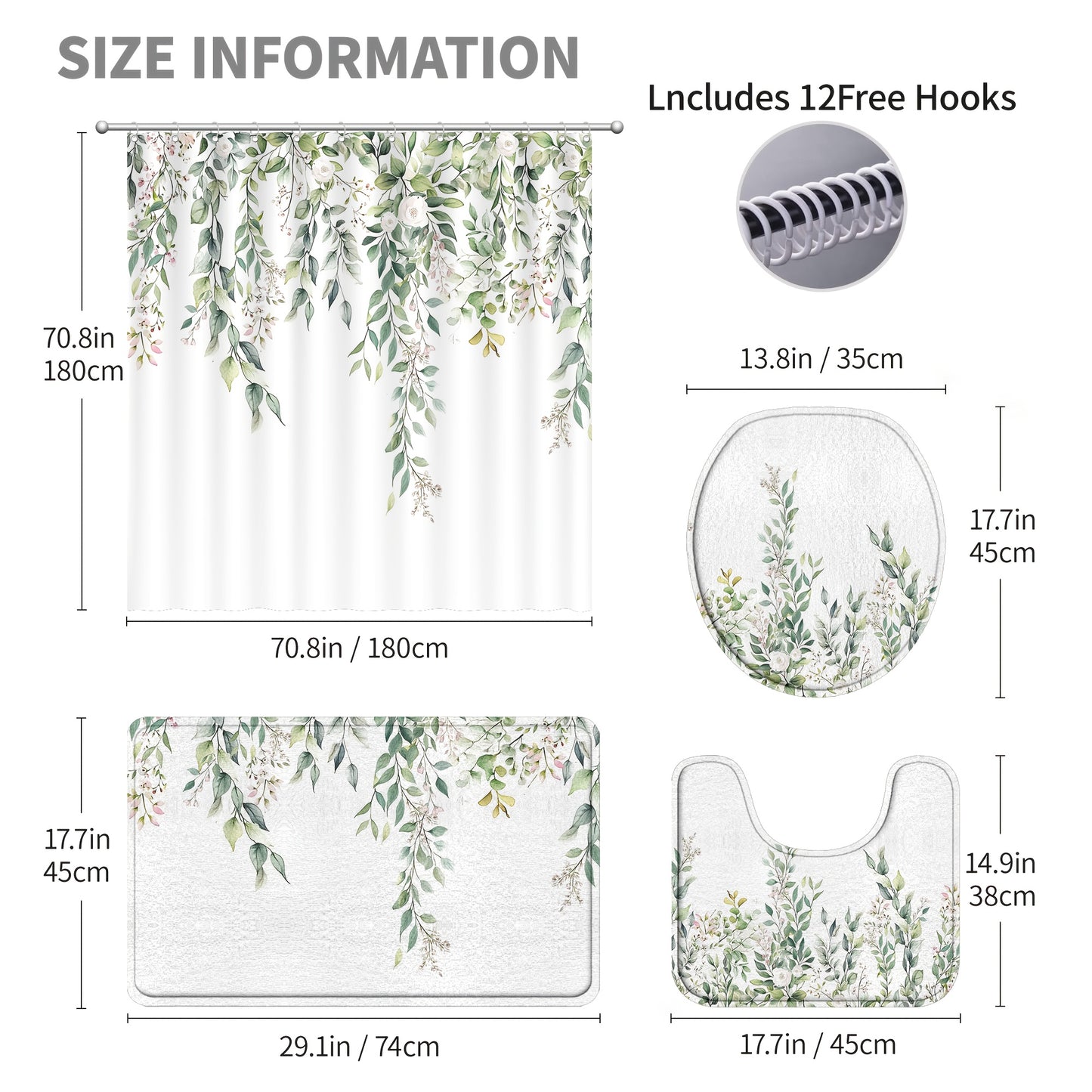 4pcs Sage Green Eucalyptus Shower Curtain Set for Home Decor