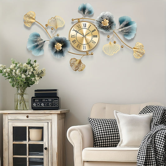 36.24 Inch Living Room Clock Silent Sports Battery Powered Ginkgo Leaf Metal Clock Two Sets of Clock Needles Decorative Clock for Bedrooms Offices and Homes