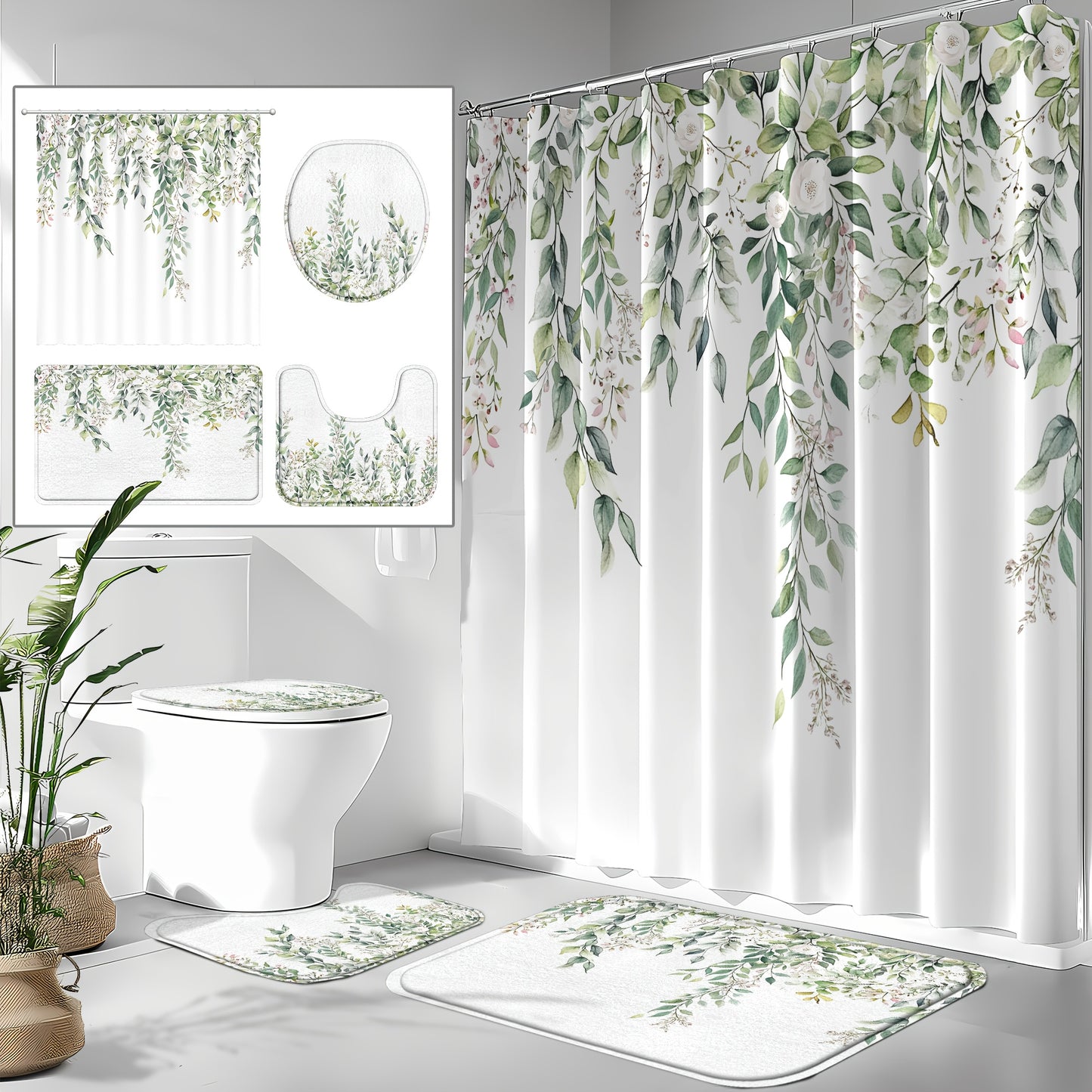 4pcs Sage Green Eucalyptus Shower Curtain Set for Home Decor