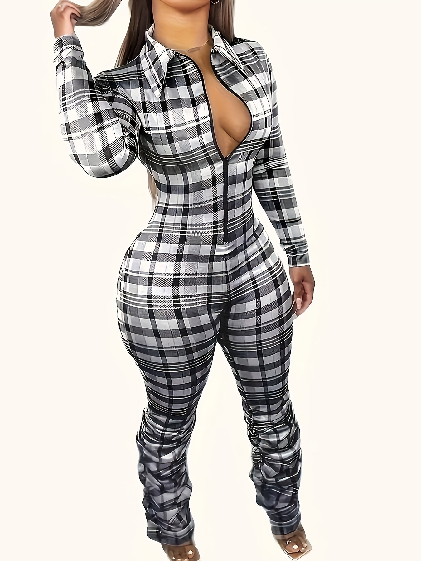 Cozy Plaid Pattern Long Sleeve Zip Front Jumpsuit for Women