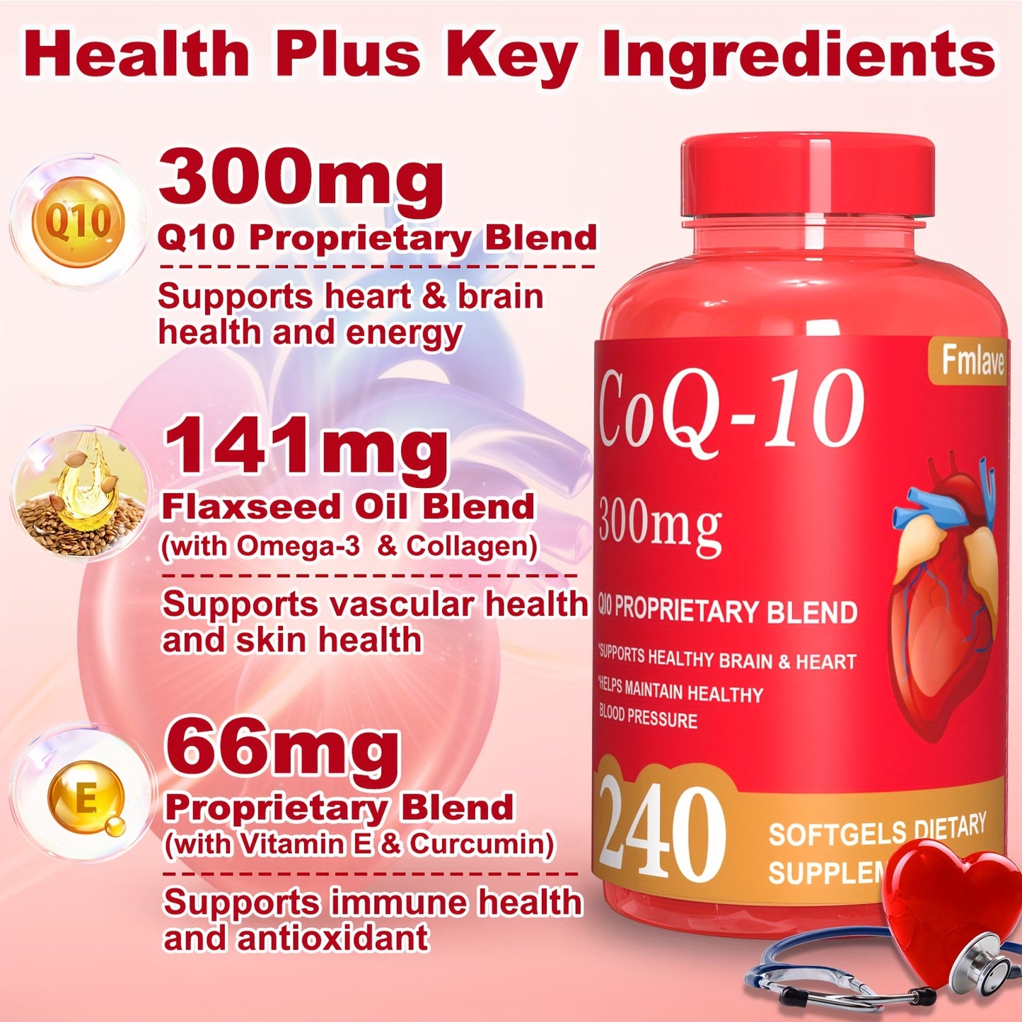 3Pcs-720 Softgels CoQ10 300mg Antioxidant Supplement