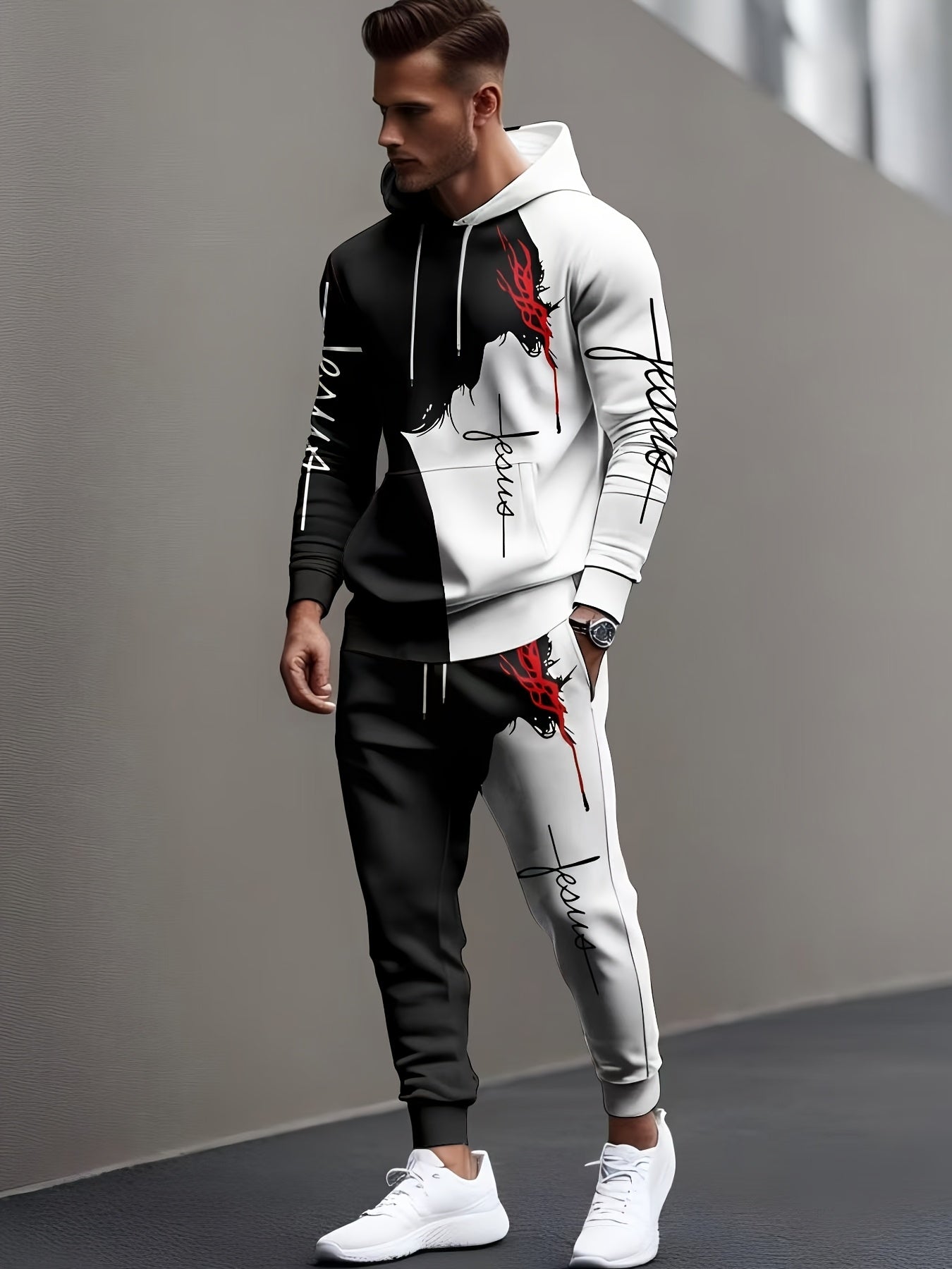 Men's 3D Printed Casual Sportswear Set - Hoodie & Joggers