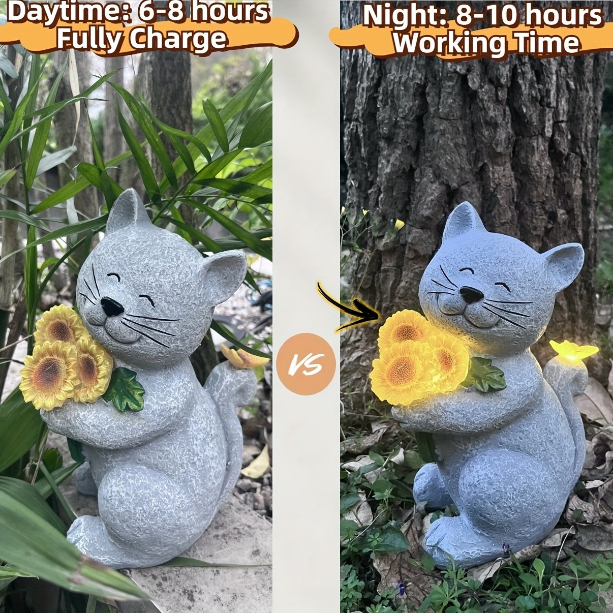 Solar Garden Outdoor Figurines Resin Sunflower Cat Statues