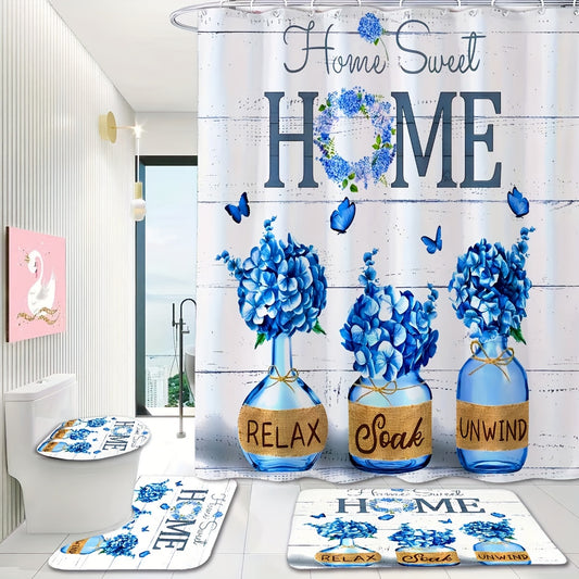 4pcs Shower Curtain Set, Floor Mat, Toilet Mat, Seat Cushion