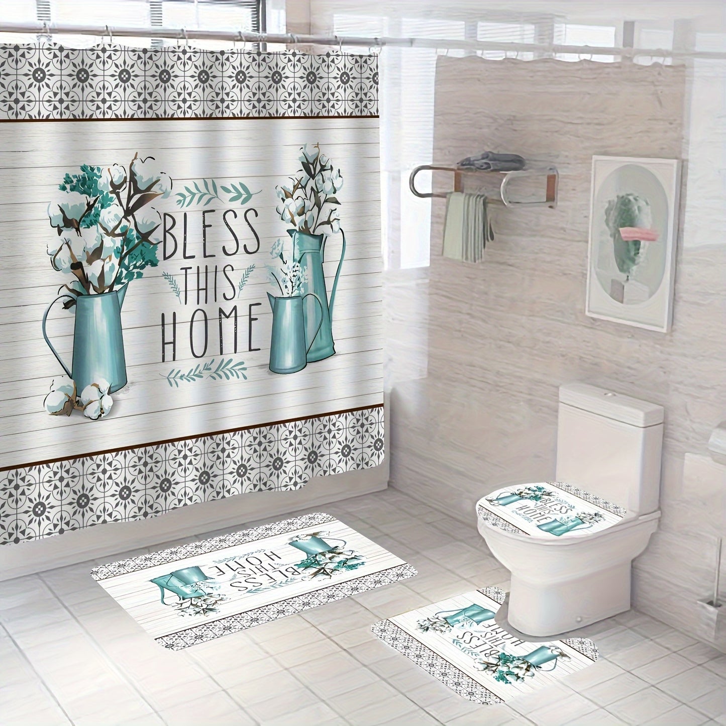 4 Pieces Luxury Shower Curtain Set with 12 Hooks Anti Slip Bath Mat U Shape Contour Rug and Toilet Lid Cover Elegant Bathroom Decor Essentials