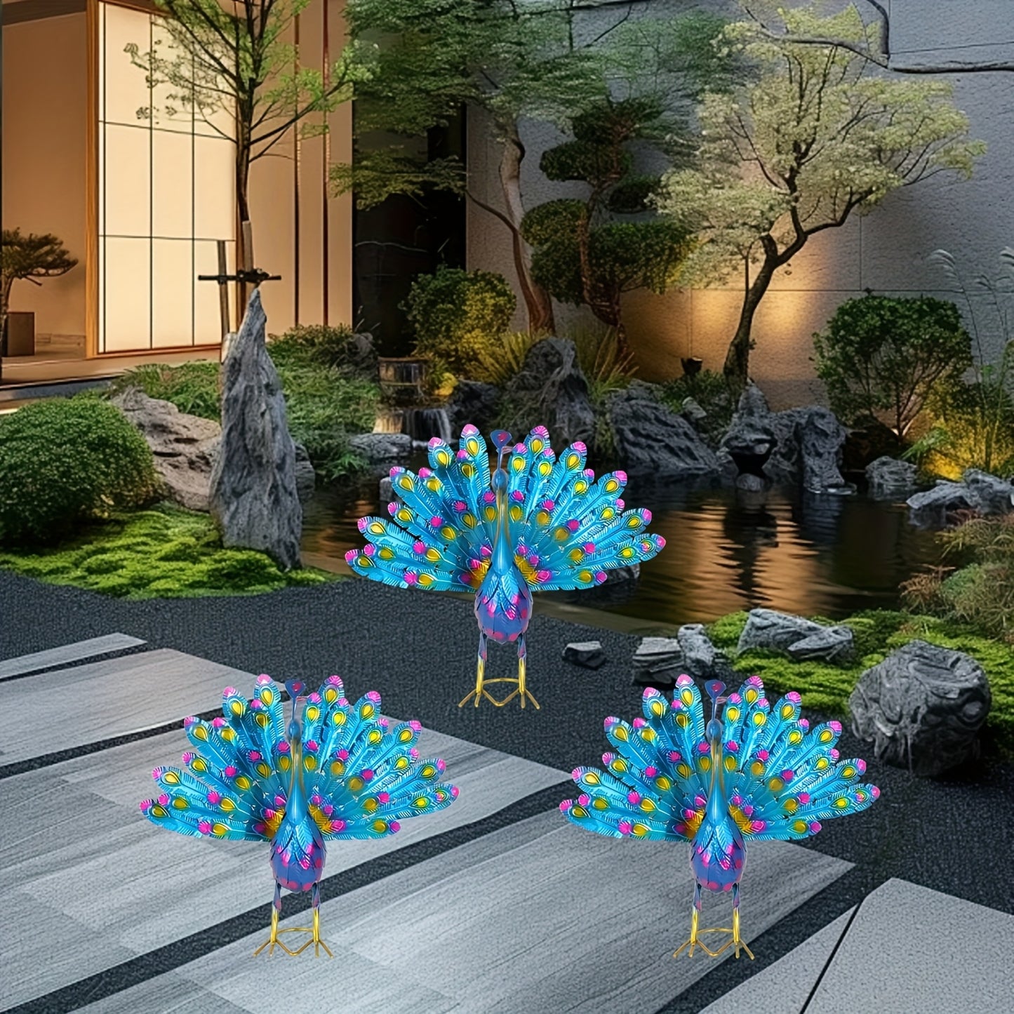 Blue & Green Metallic Peacock Garden Stake No Battery Required
