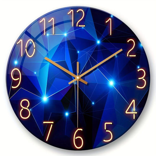 16 Inch Dreamy Deep Blue Geometric Large Tempered Glass Wall Clock Battery Operated Silent Design Perfect for Living Rooms Bedrooms and Home Decoration