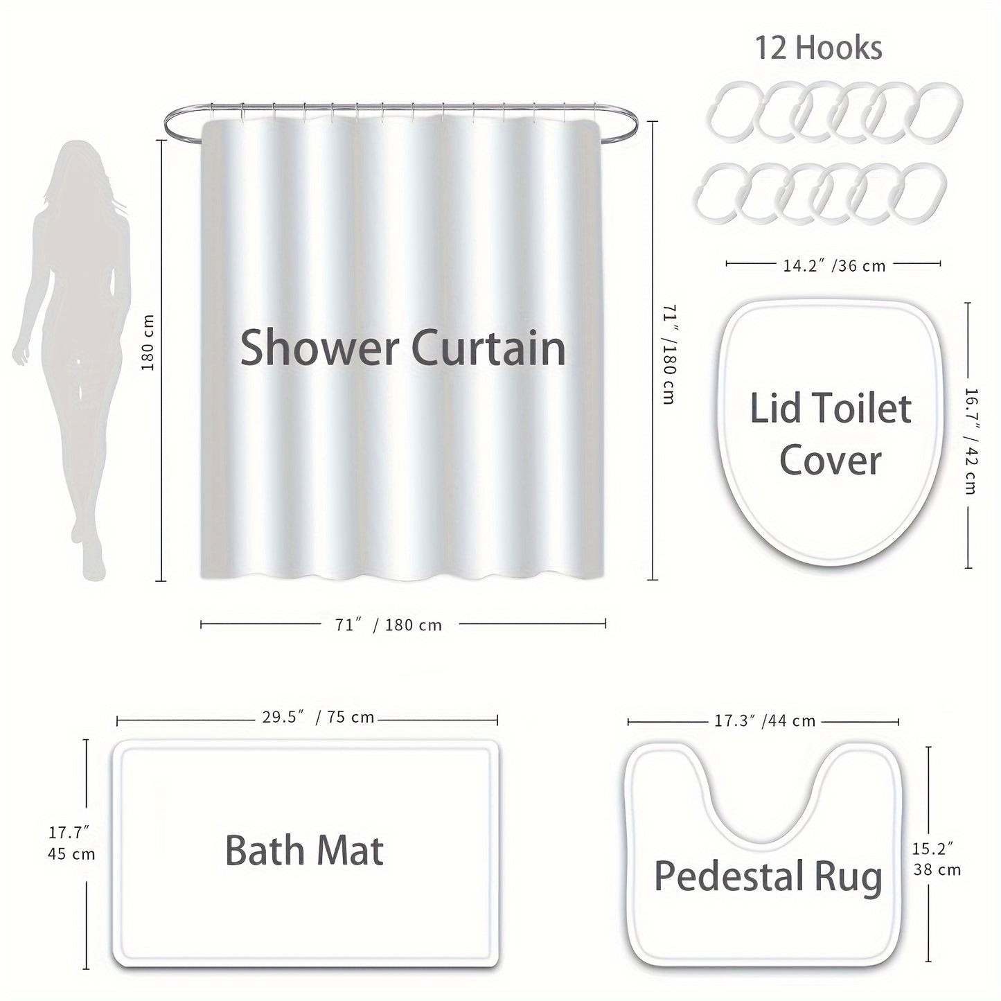 4 Pieces Luxury Shower Curtain Set with 12 Hooks Anti Slip Bath Mat U Shape Contour Rug and Toilet Lid Cover Elegant Bathroom Decor Essentials