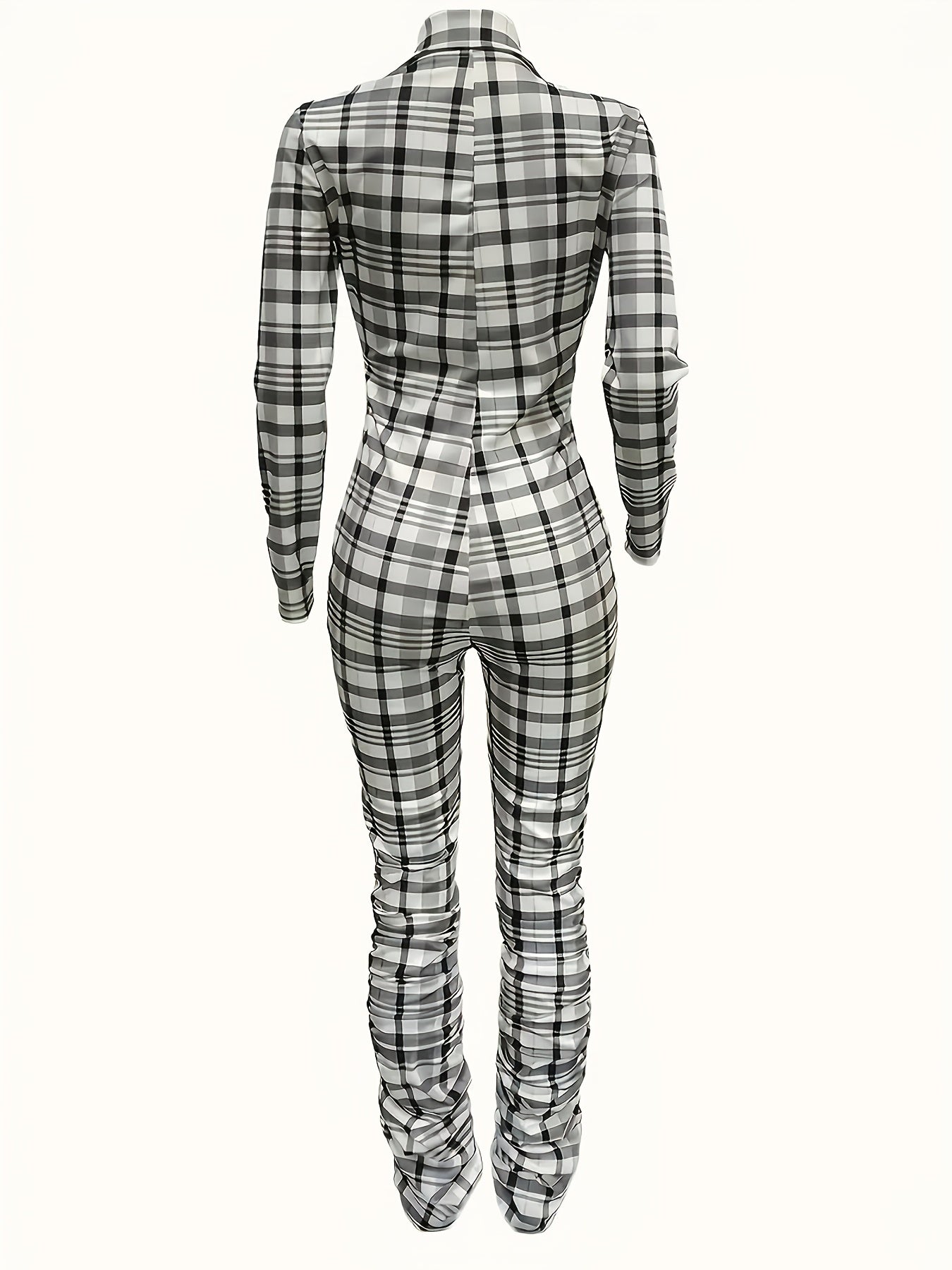 Cozy Plaid Pattern Long Sleeve Zip Front Jumpsuit for Women