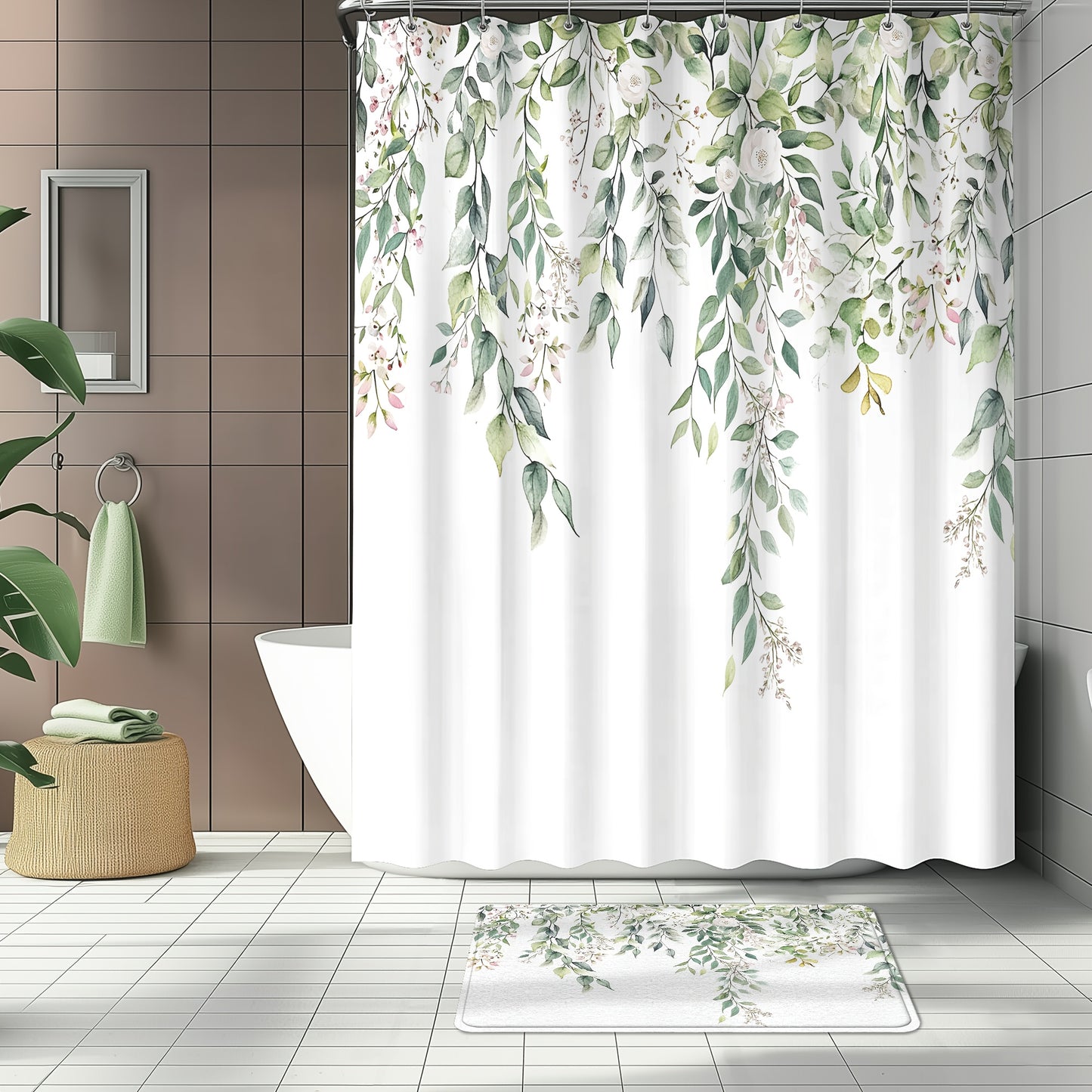 4pcs Sage Green Eucalyptus Shower Curtain Set for Home Decor