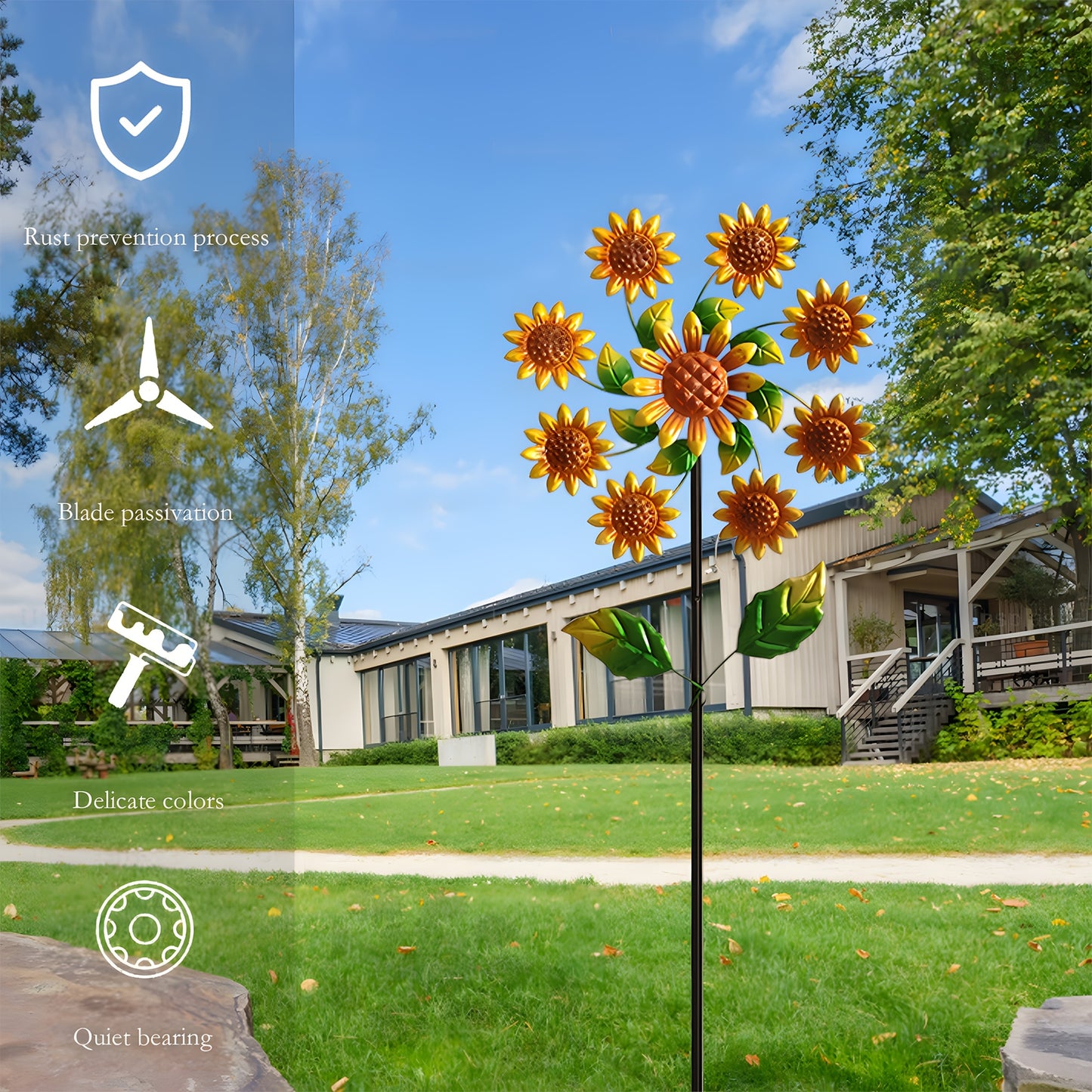 360° Rotating Metal Sunflower Wind Spinner Stake Garden Decor