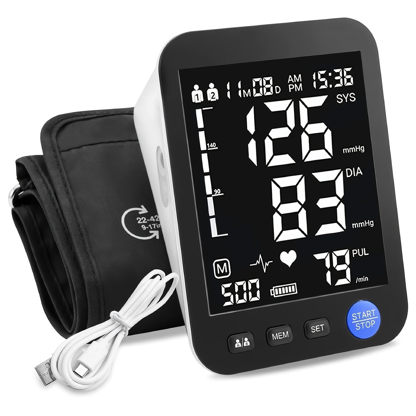 Automatic Blood Pressure Monitor with Adjustable Cuff 22-42 Inch LCD Display USB Powered Home Health Device for Adults