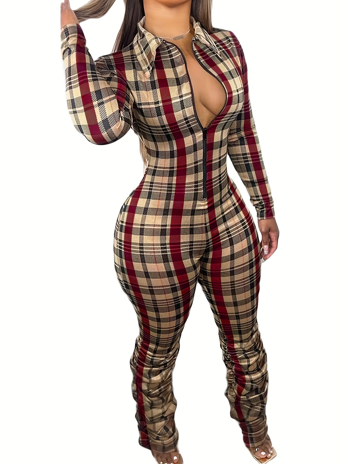 Cozy Plaid Pattern Long Sleeve Zip Front Jumpsuit for Women