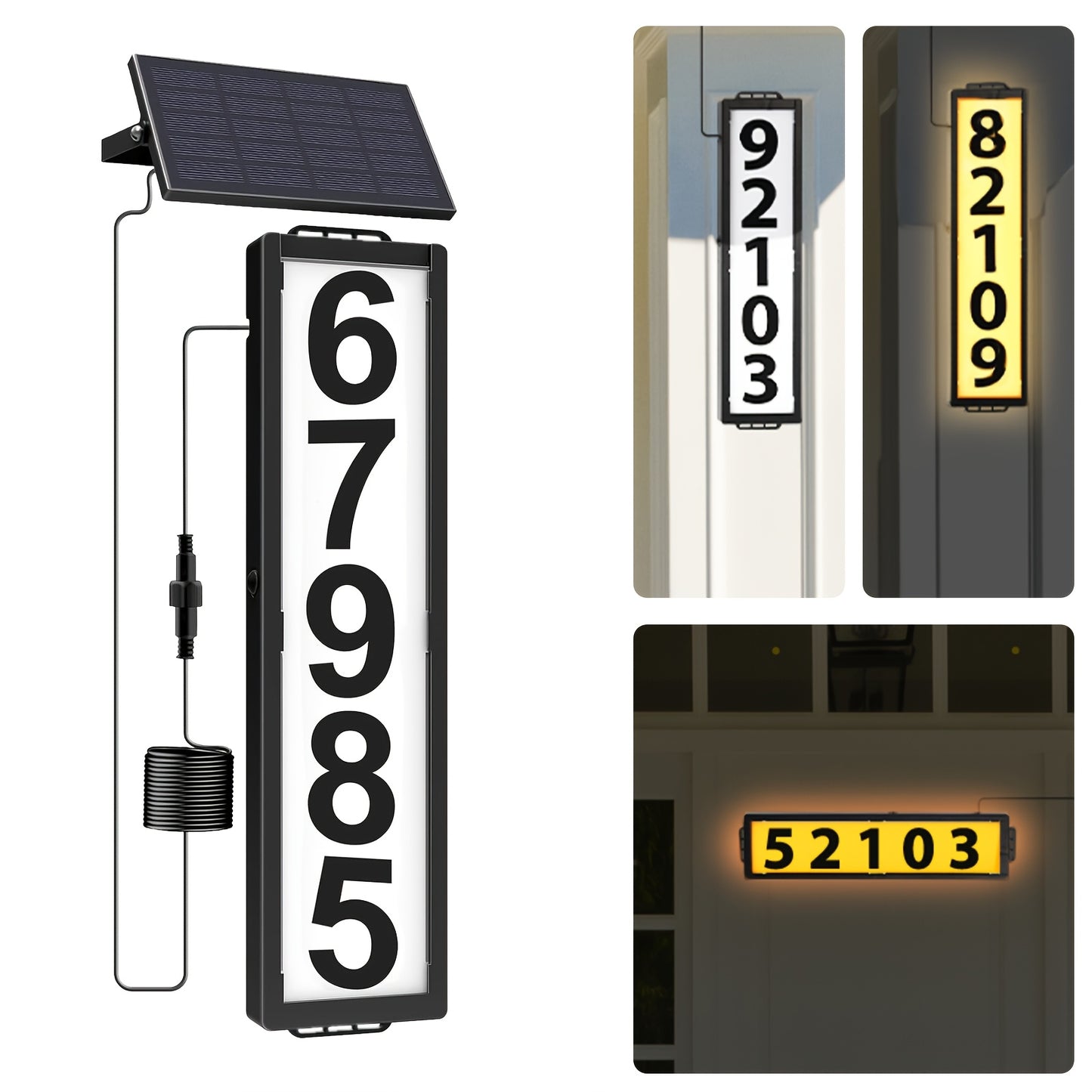 Solar-Powered Backlit 3-Color LED Weatherproof Address Numbers